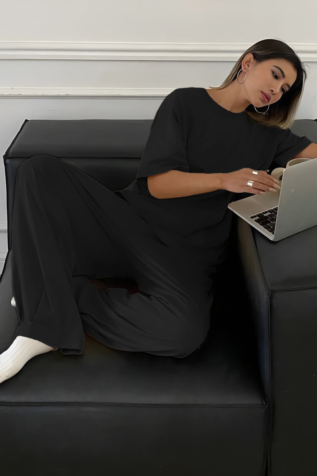 Kadın Bisiklet Yaka Yazlık Kısa Kollu Pijama Takımı - Siyah - 1