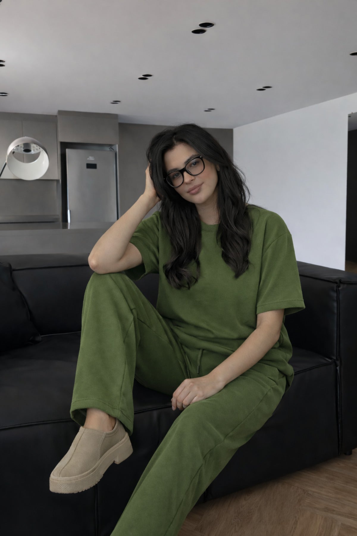 Kadın Kısa Kollu Oversize Süper Yüksek Bel Esnek Bisiklet Yaka Eşofman Takımı - Yeşil - 3