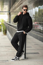 Erkek Hoodie Bol Paça Baggy Salaş Kapşonlu Rahat Kesim Eşofman Takımı - Siyah - 1