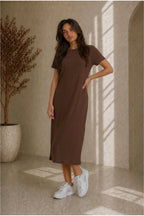 Kadın Fitilli Oversize Basic Bisiklet Yaka Elbise Günlük Rahat Kalıp - Kahverengi - 2