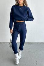 Kadın Oversize Geniş Kalıp Basic Pamuklu Eşofman Takıım - Lacivert - 2