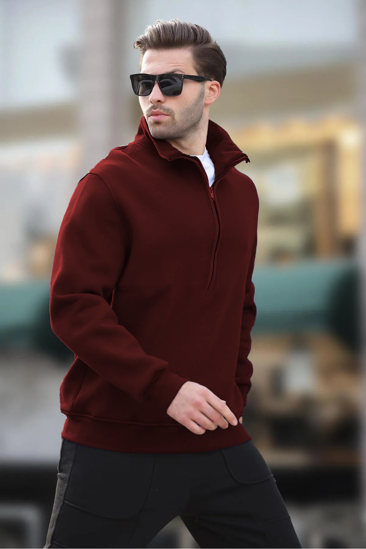 Erkek Yarım Fermuarlı Dik Yaka Oversize 3 İ̇plik Şardonlu Sweatshirt - Bordo - 1