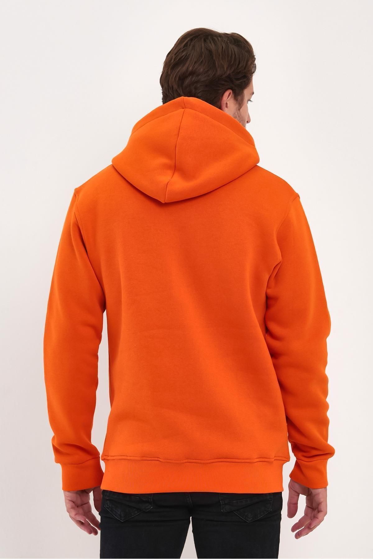 Erkek Kapşonlu Kanguru Cep Sweatshirt - Turuncu - 3