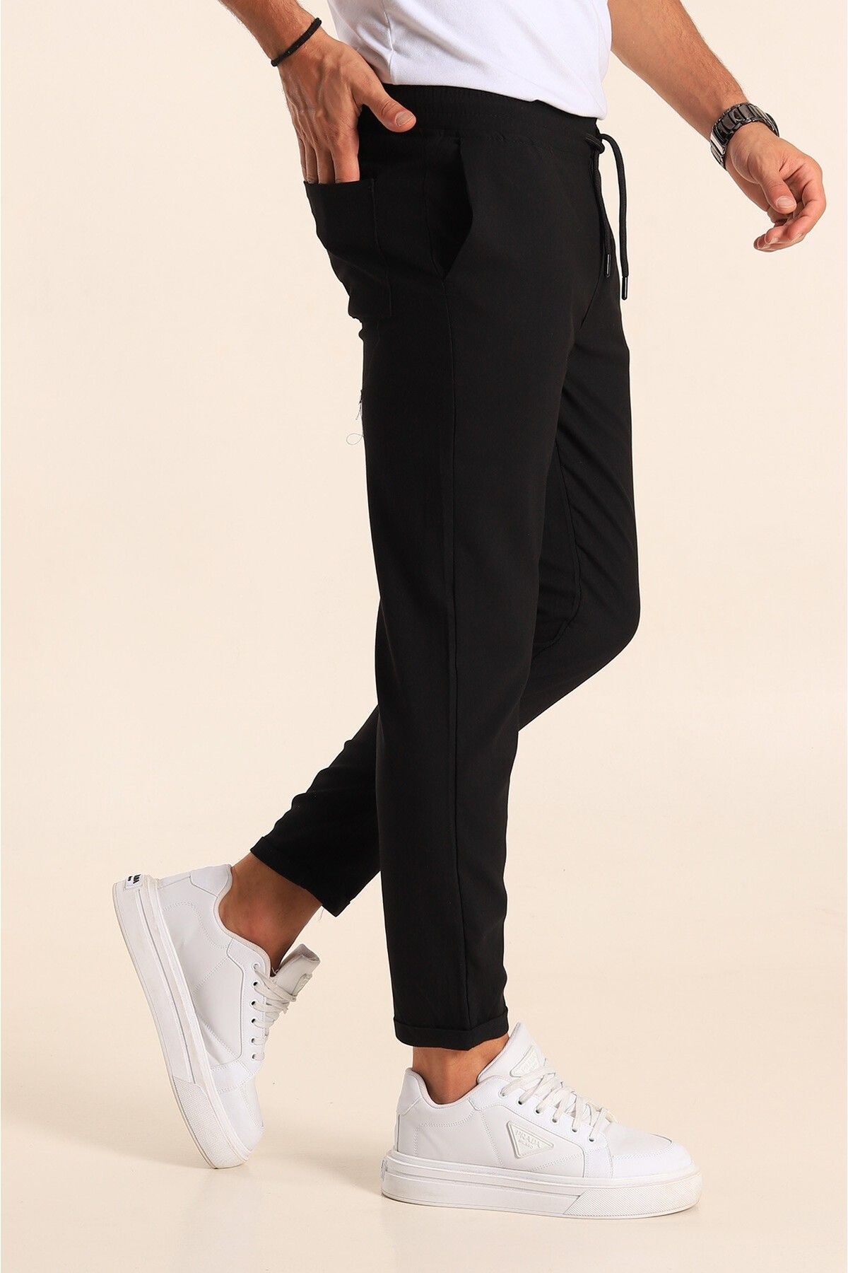 Erkek Siyah Esnek Jogger Kumaş Pantolon Beli Bağcıklı Duble Paça Yandan Cepli Likralı - Siyah/Black - 1