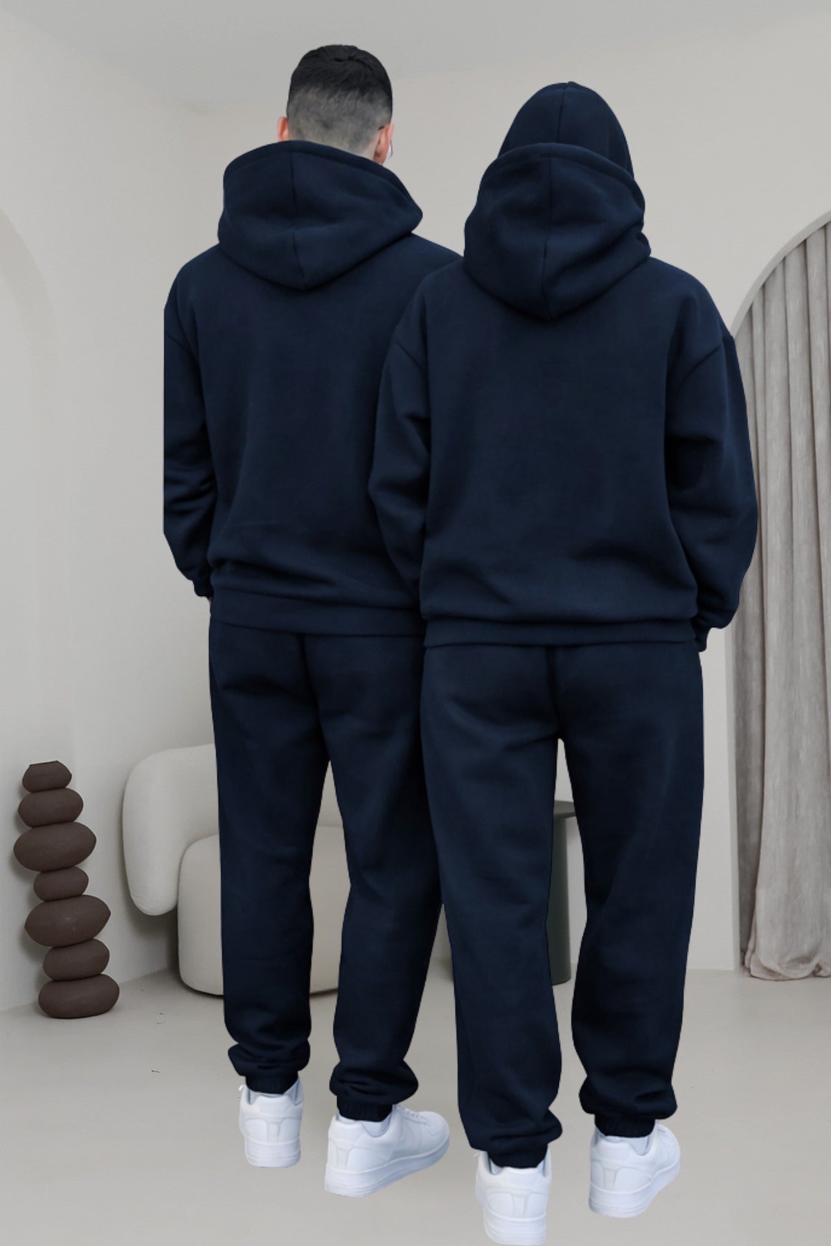 Çiftlere Özel Basic Oversize Kapşonlu Eşofman Takımı - Lacivert - 3