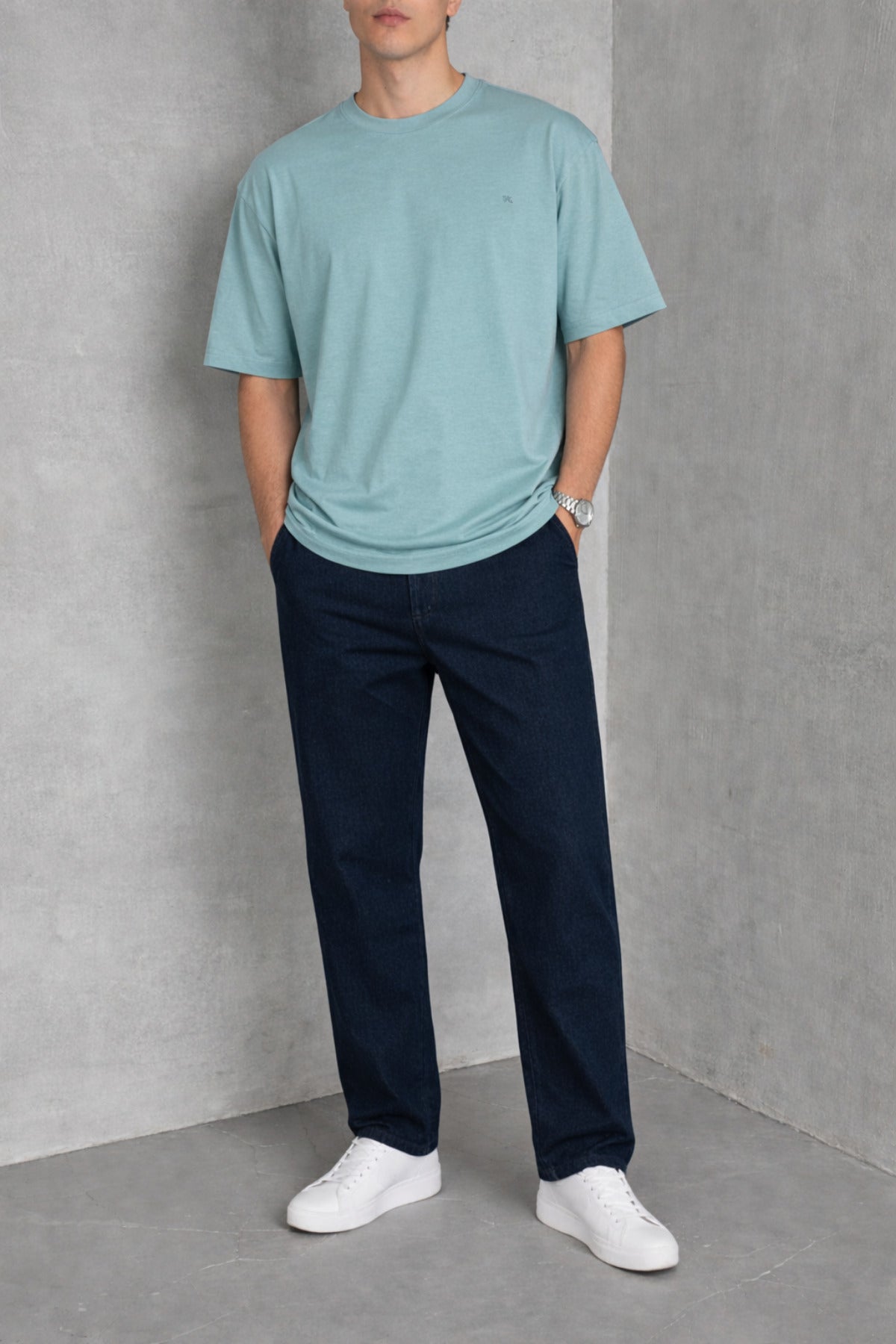 Erkek Siyah Basic Oversize Tişört Rahat Kalıp Düz Minimal Pamuklu Günlük T-shirt - Deniz Mavisi - 3