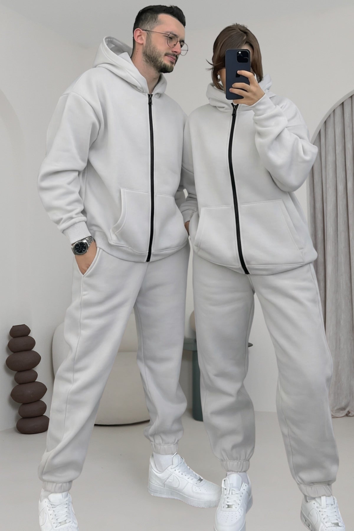 Çiftlere Özel Basic Oversize Kapşonlu Eşofman Takımı - Gri - 1