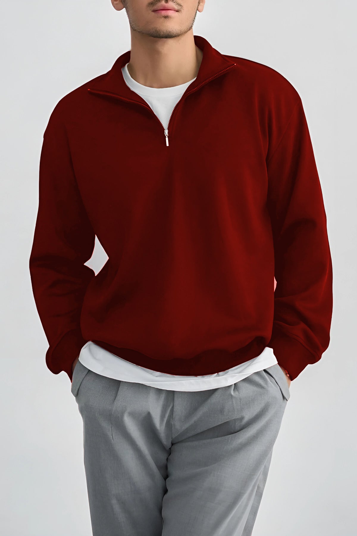 Erkek Dik Yaka Fermuarlı Sweatshirt 3 İplik Puf - Kırmızı - 3