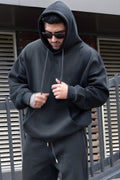 Erkek Oversize 3 İ̇plik Pamuklu Şardonlu Kanguru Cep Kapşonlu Kalın Hoodie Sweatshirt - Füme - 1