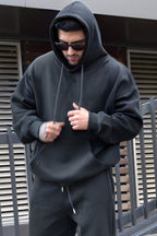 Erkek Oversize 3 İ̇plik Pamuklu Şardonlu Kanguru Cep Kapşonlu Kalın Hoodie Sweatshirt - Füme - 1