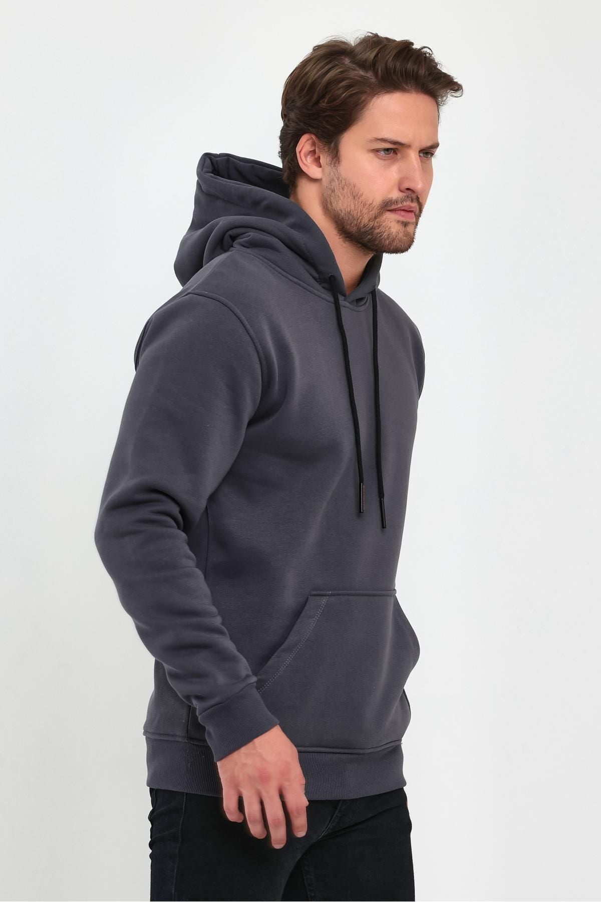 Erkek Kapşonlu Kanguru Cep Sweatshirt - Füme - 2