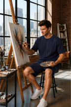 Erkek Modern Ressam Stili Sanat Atölyesi Konseptli Oversize Şortlu Rahat Takım - Lacivert - 4