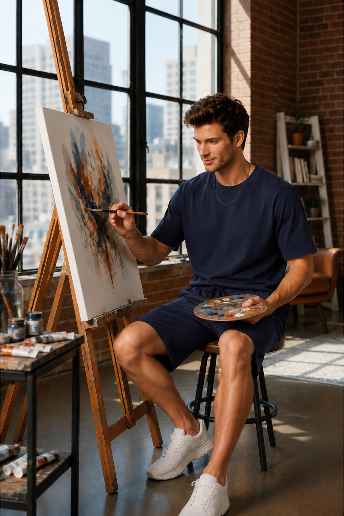 Erkek Modern Ressam Stili Sanat Atölyesi Konseptli Oversize Şortlu Rahat Takım - Lacivert - 4
