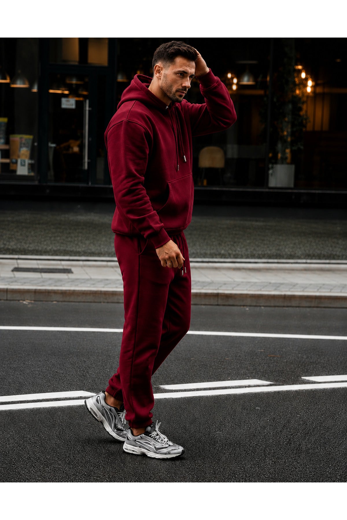 Erkek 3 İ̇pli̇k Kapüşonlu Jogger Lasti̇k Paça Eşofman Takimi - Bordo - 4