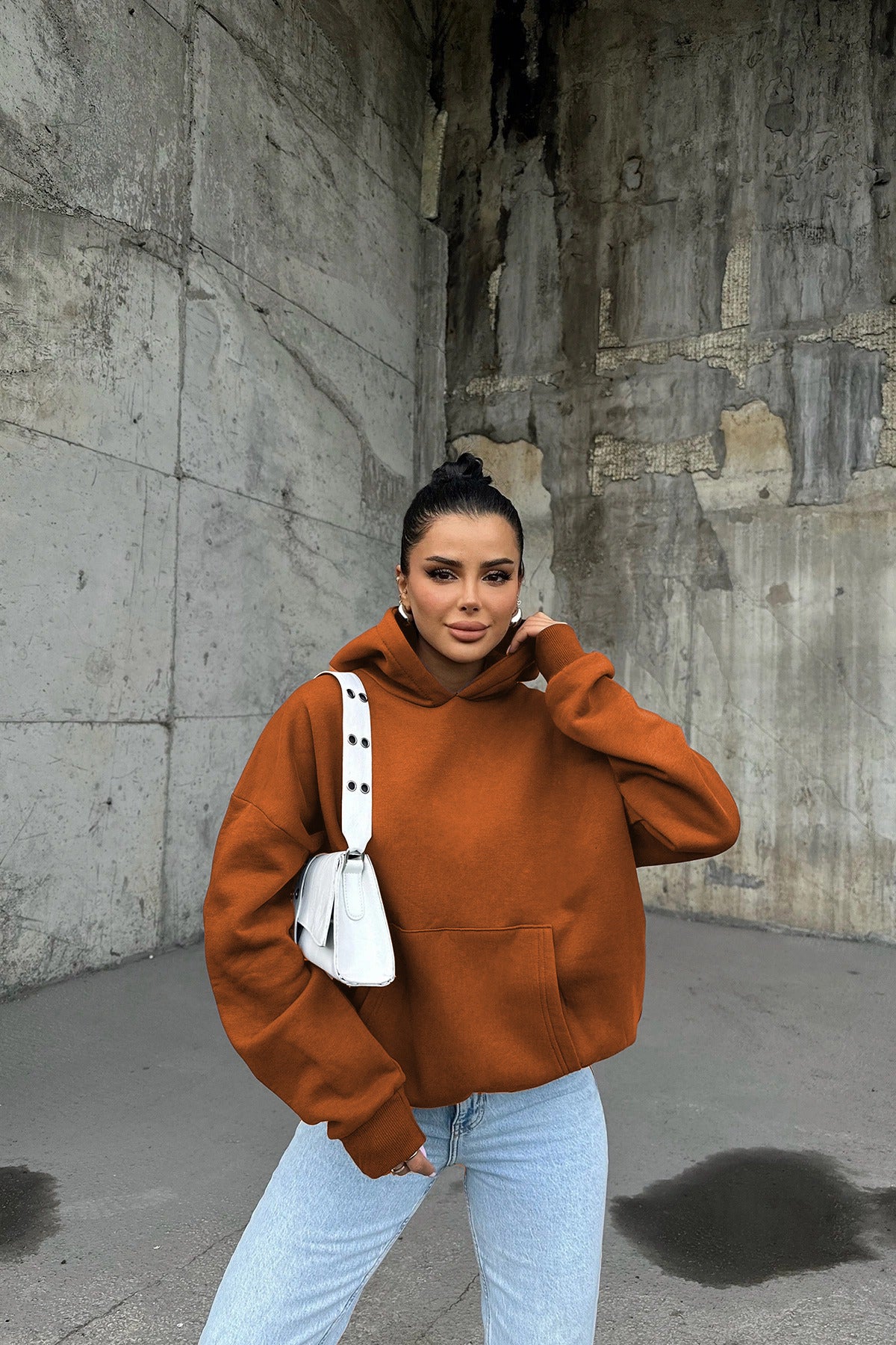 Kadin Ki̇remi̇t 3 İ̇pli̇k Oversi̇ze Rahat Günlük Yumuşak Kapüşonlu Sweatshirt - Kiremit - 1