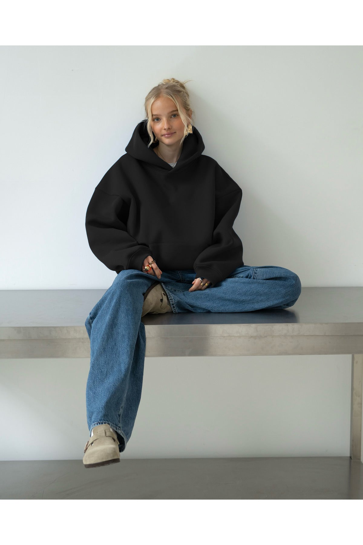 Oversize Kapşonlu Basic Baskısız Okul Sweatshirt - Siyah - 2