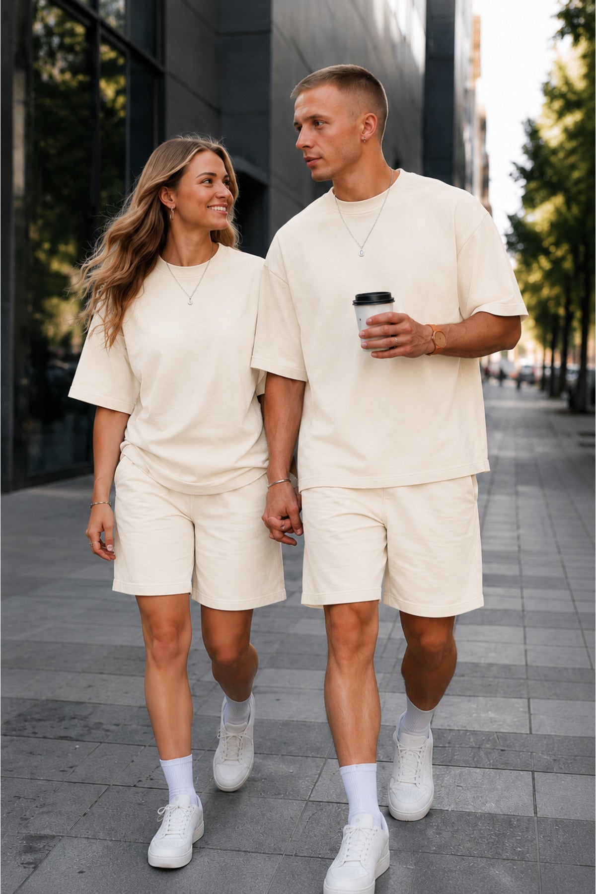 Unisex Kadın Erkek Oversize 2 İ̇plik Pamuklu Modal Penye Premium Rahat Kalıp Yazlık Yeni Sezon Şortlu Takım (tekli̇) - Bej - 1