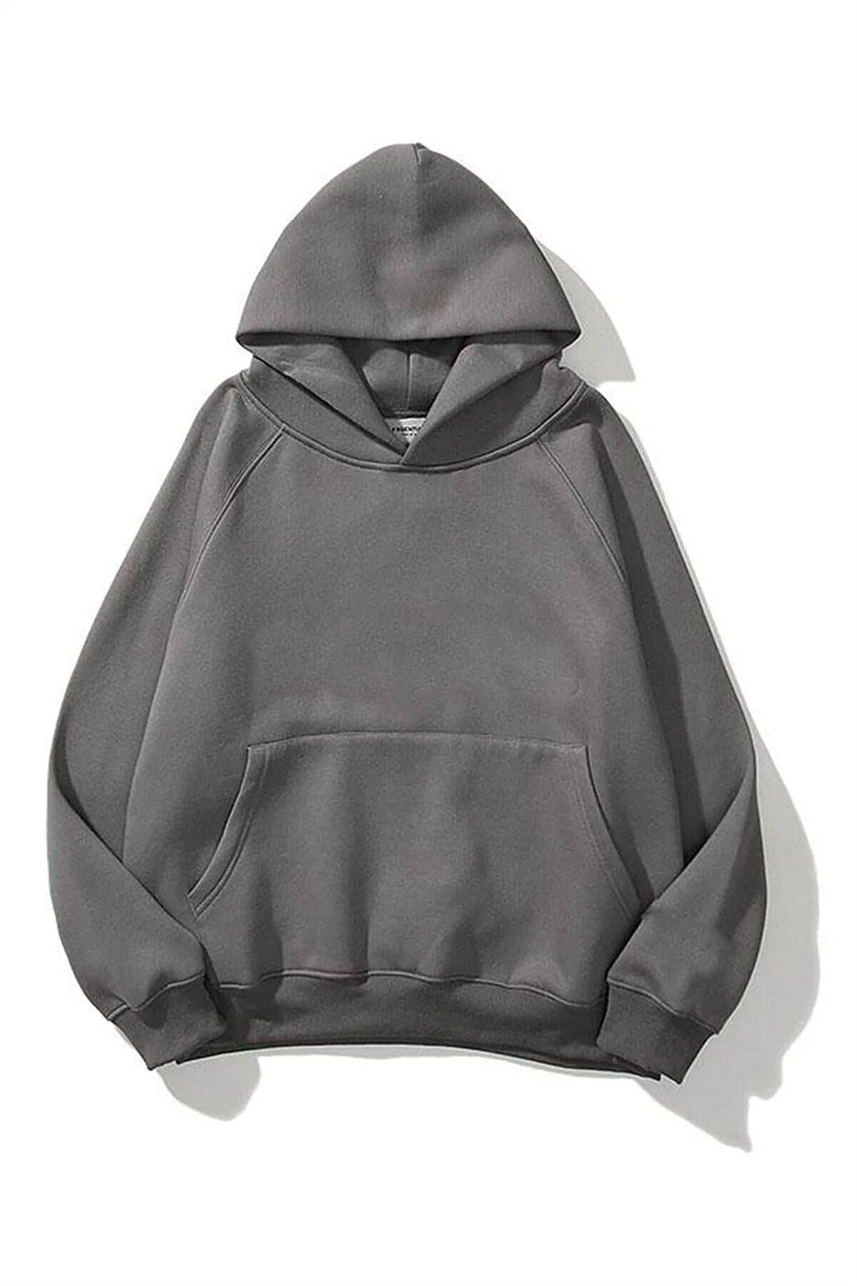 Unisex Kadın Füme Baskısız Kanguru Cepli Kapüşonlu 3 İ̇plik Şardonlu Sweatshirt Oversize Hoodie - Füme - 1