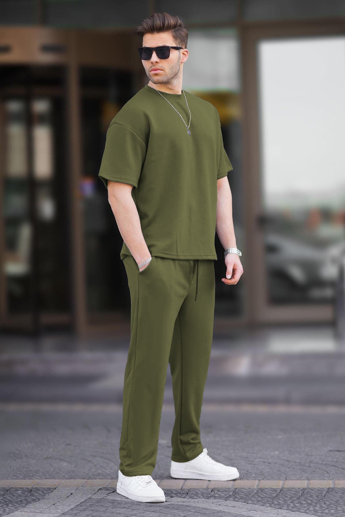 Erkek Rahat Yazlık Penye Oversize T-shirt Pijama Takımı - Yeşil - 2