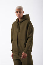 Erkek Haki̇ Fermuarlı Kapşonlu Kanguru Cep Basic Sweatshirt Hırka - Haki - 1