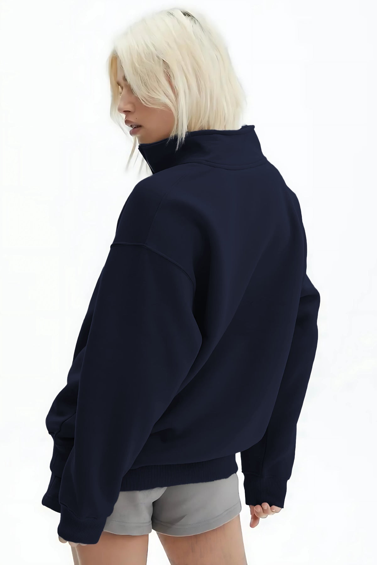 Kadın Yarım Fermuar Dik Yaka Uzun Kollu 3 İ̇plik Sweatshirt - Lacivert - 3