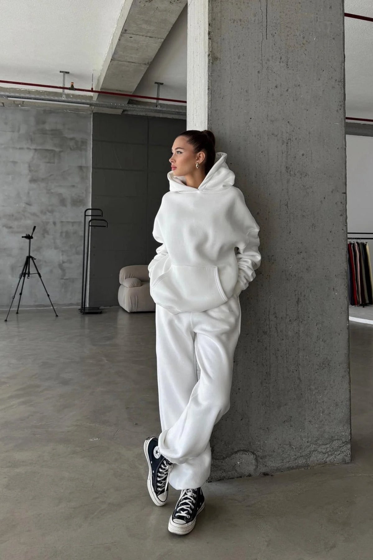 Kadın Paçası Lastikli Jogger Oversize Kışlık Eşofman Takımı - Beyaz - 4