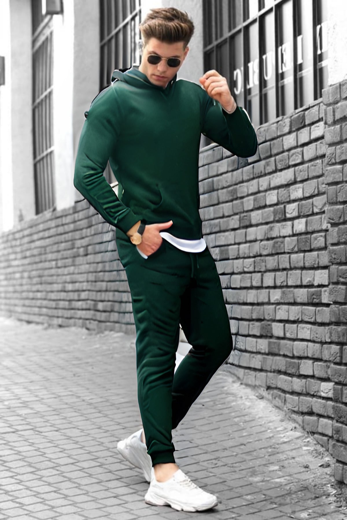 Erkek Bol Kalıp Kalın Rahat Pamuklu Eşofman Takımı Elegance Quality - Koyu Yeşil - 2