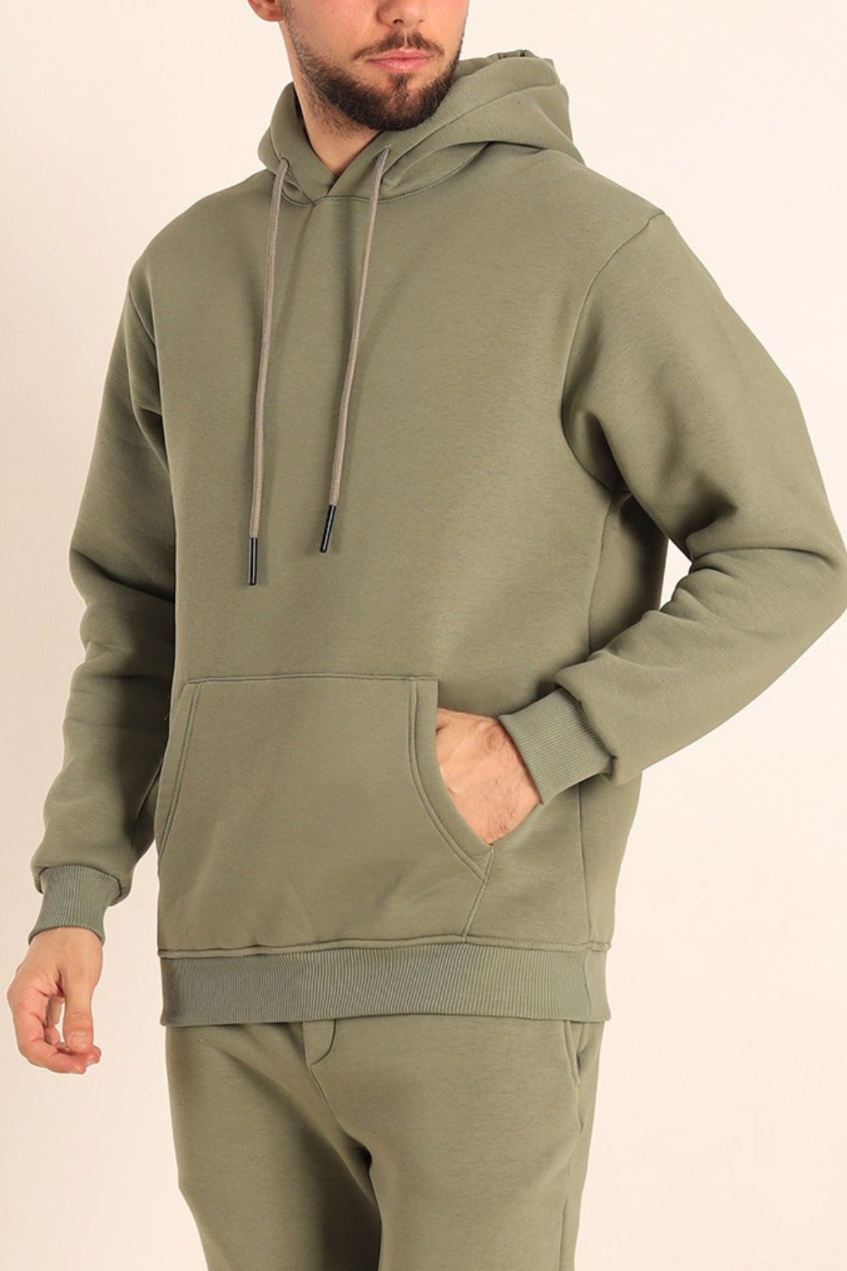Erkek Rahat Kalın Pamuklu Kışlık Sweatshirt - Haki Melanj - 2
