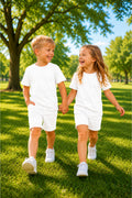 Çocuk Unisex Kisa Kollu Oversize Rahat Kesi̇m Beli̇ Bağlamali Li̇krali T-shi̇rt Şortlu Yazlik Takim - Beyaz - 1