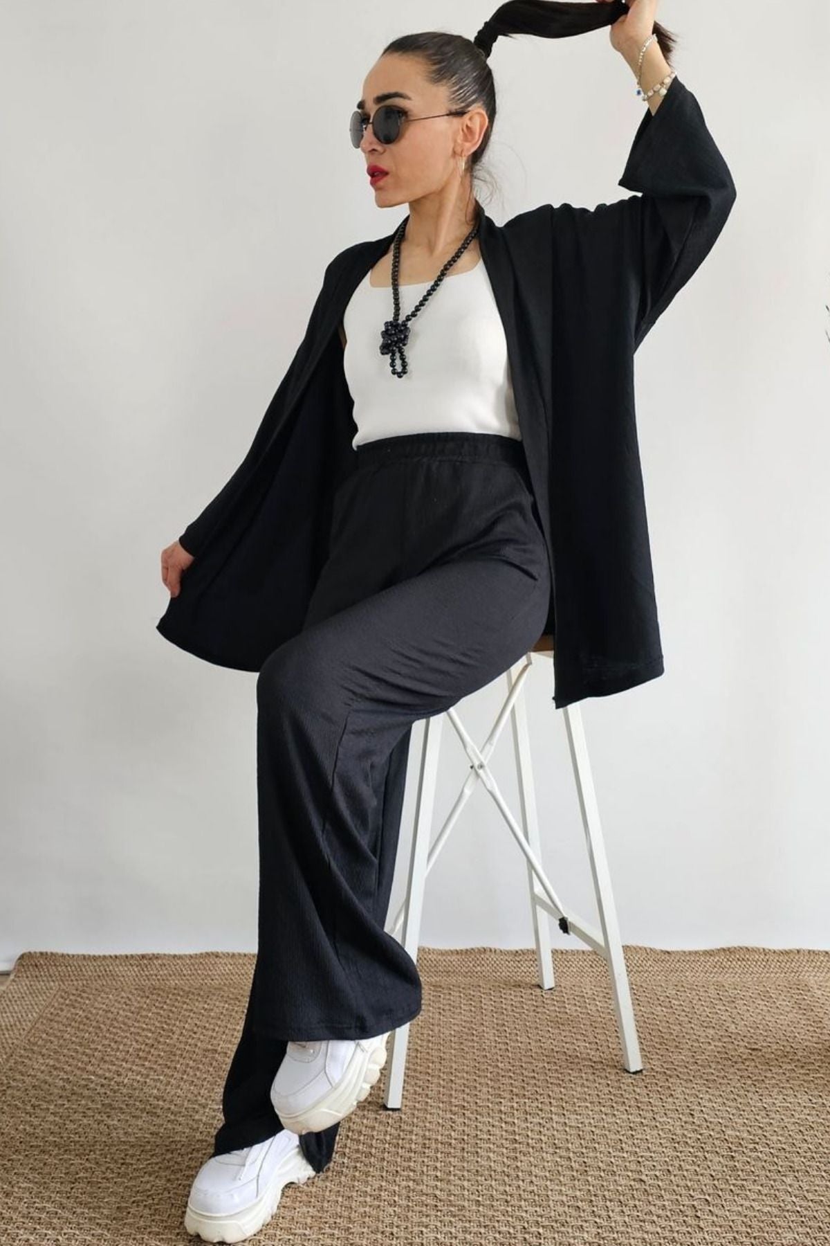 Kadın Dökümlü Bürümcük Yazlık Palazzo Pantolon Ve Kimono Takım - Siyah - 4