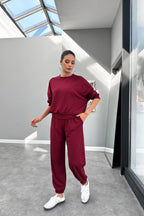 Kadın Bisiklet Yaka Yüksek Bel Yumuşacık Oversize Eşofman Takımı - Bordo - 1