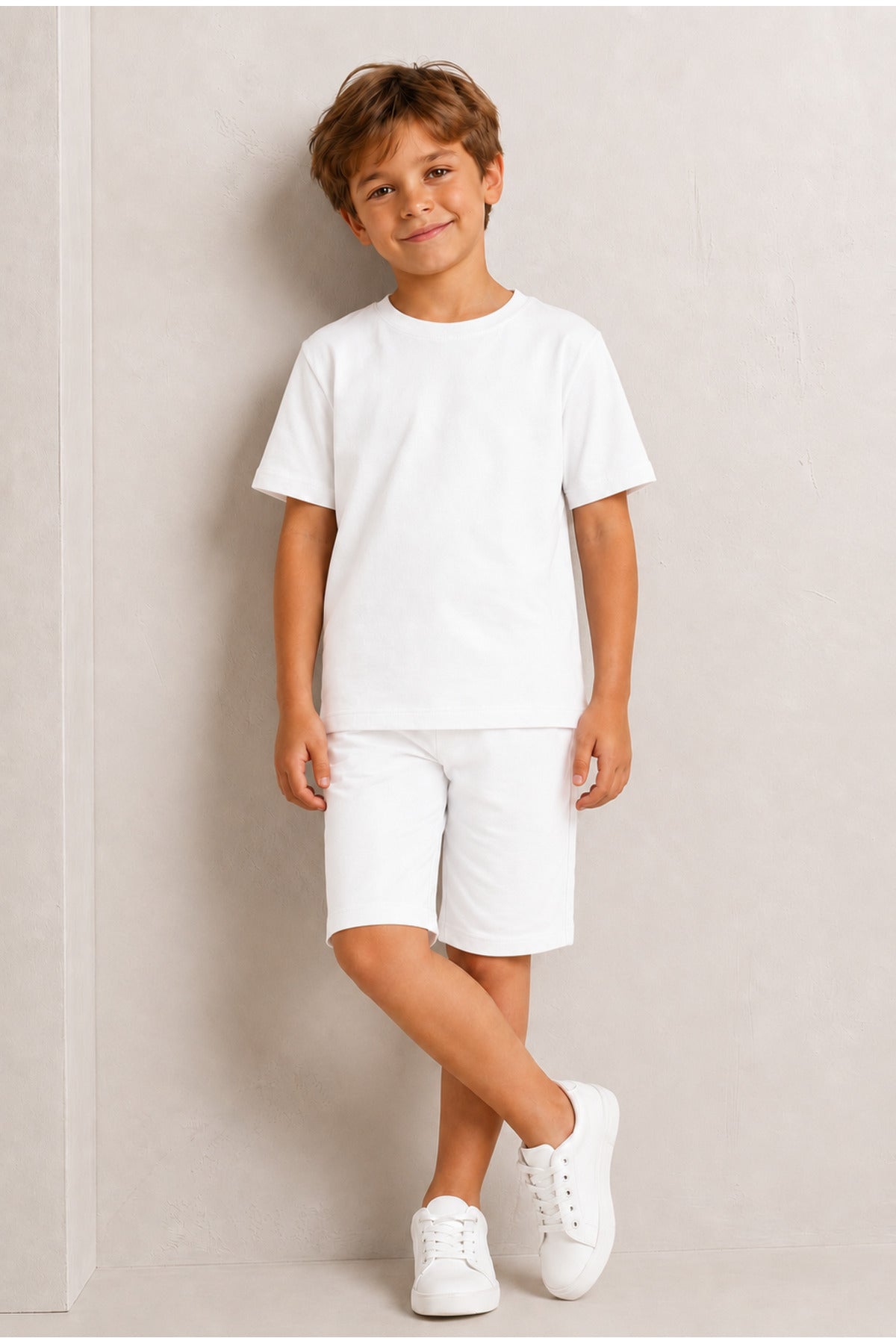 Çocuk Kısa Kollu Baskısız Basic Oversıze Geniş Kalıp Beli Bağlamalı Esnek 1-10 Yaş Arası Yaz Sezonu Sportif T-shirt / Şort Takım - Beyaz - 6