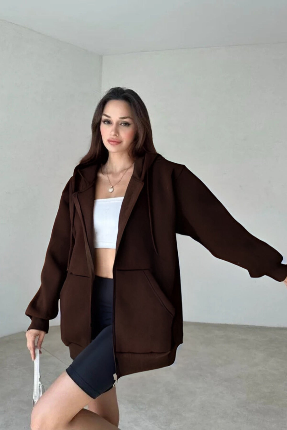 Kadın 3 İ̇plik Oversize Kapüşonlu Fermuarlı Hırka Sweatshirt - Kahverengi - 2