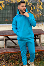 Ob Comfort Kapüşonlu Kanguru Cep Oversize Lastik Paça Turkuaz Eşofman Takımı - Turkuaz - 4