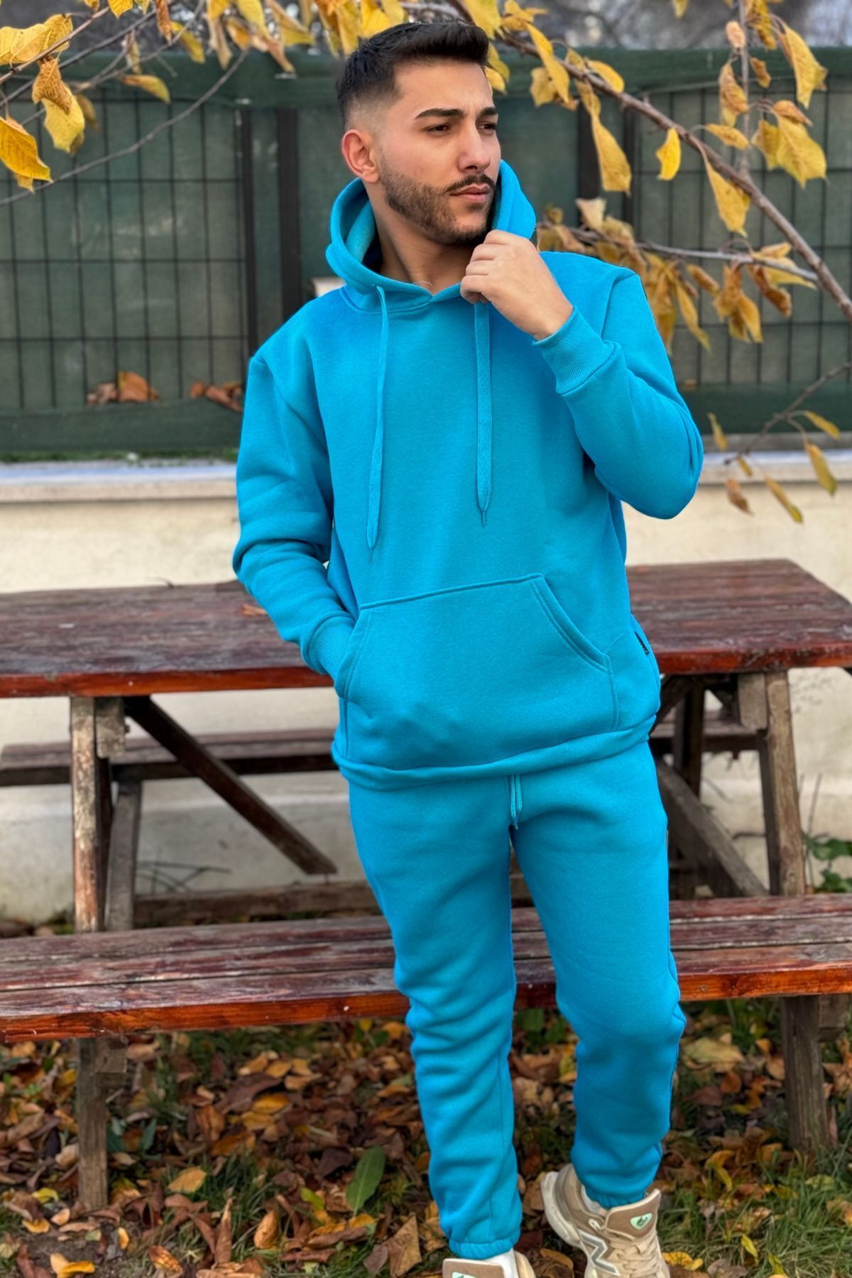 Ob Comfort Kapüşonlu Kanguru Cep Oversize Lastik Paça Turkuaz Eşofman Takımı - Turkuaz - 4