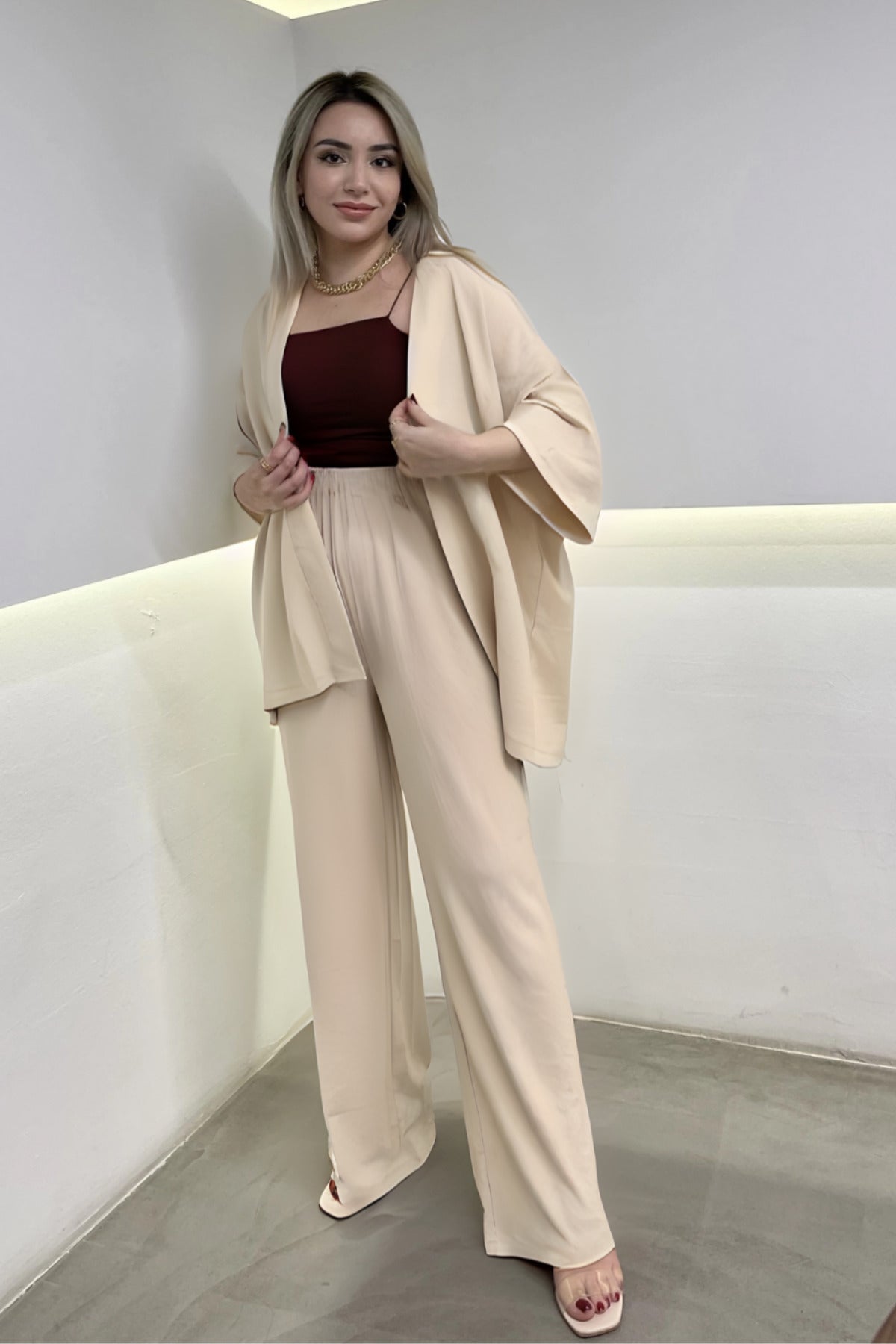 Kadın Bej Dökümlü Bürümcük Yazlık Kimono Takım - Bej - 1