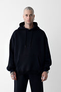 Erkek Bol Kesim Oversize 3 İplik İçi Pamuklu Şardonlu Kanguru Cep Kapşonlu Kışlık Hoodie Sweatshirt - Siyah - 1