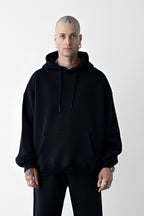 Erkek Bol Kesim Oversize 3 İplik İçi Pamuklu Şardonlu Kanguru Cep Kapşonlu Kışlık Hoodie Sweatshirt - Siyah - 1