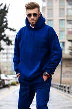 Erkek 3 İplik Kapşonlu Yaka Kalın Sweatshirt Pamuklu - Saks Mavisi - 1