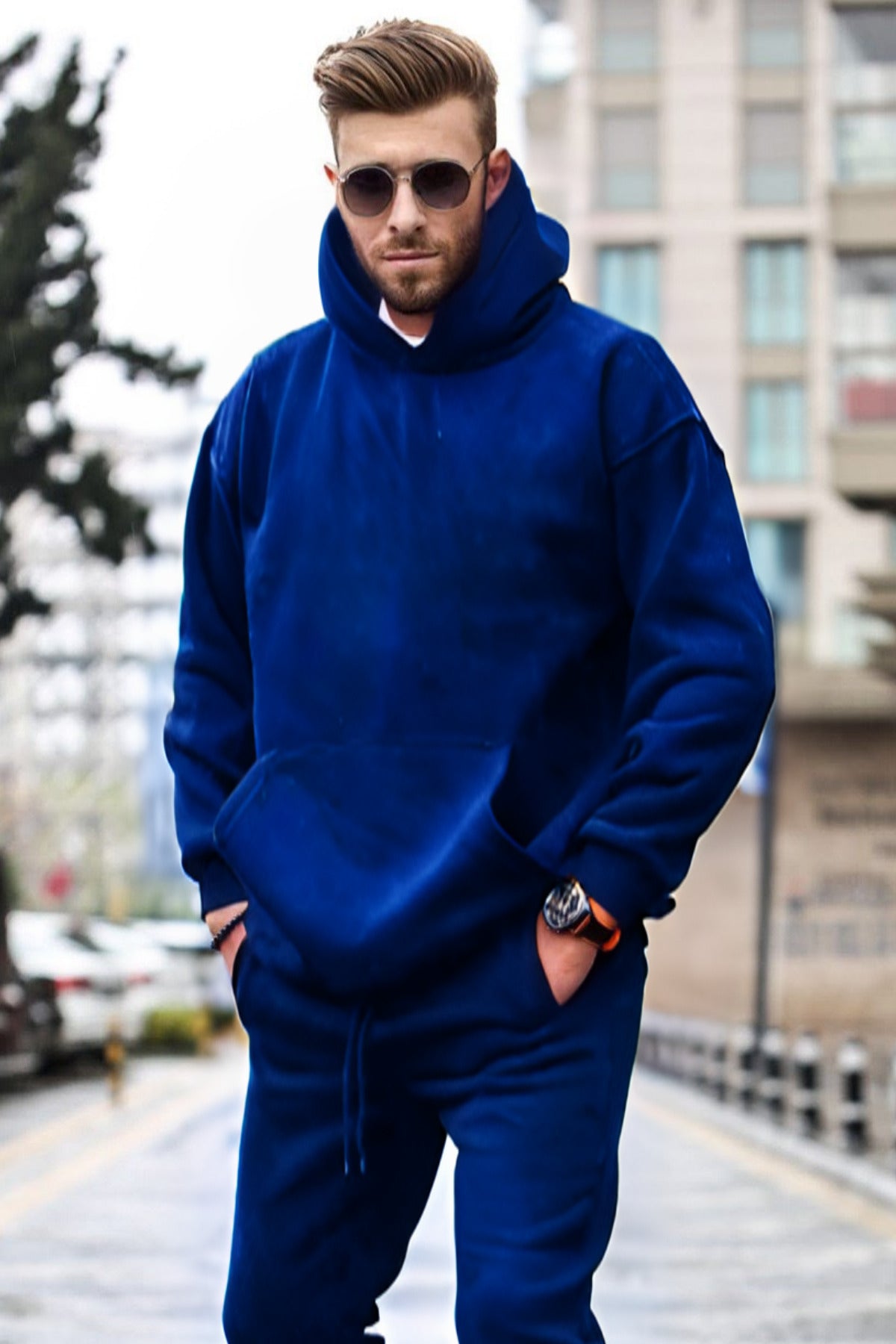 Erkek 3 İplik Kapşonlu Yaka Kalın Sweatshirt Pamuklu - Saks Mavisi - 1