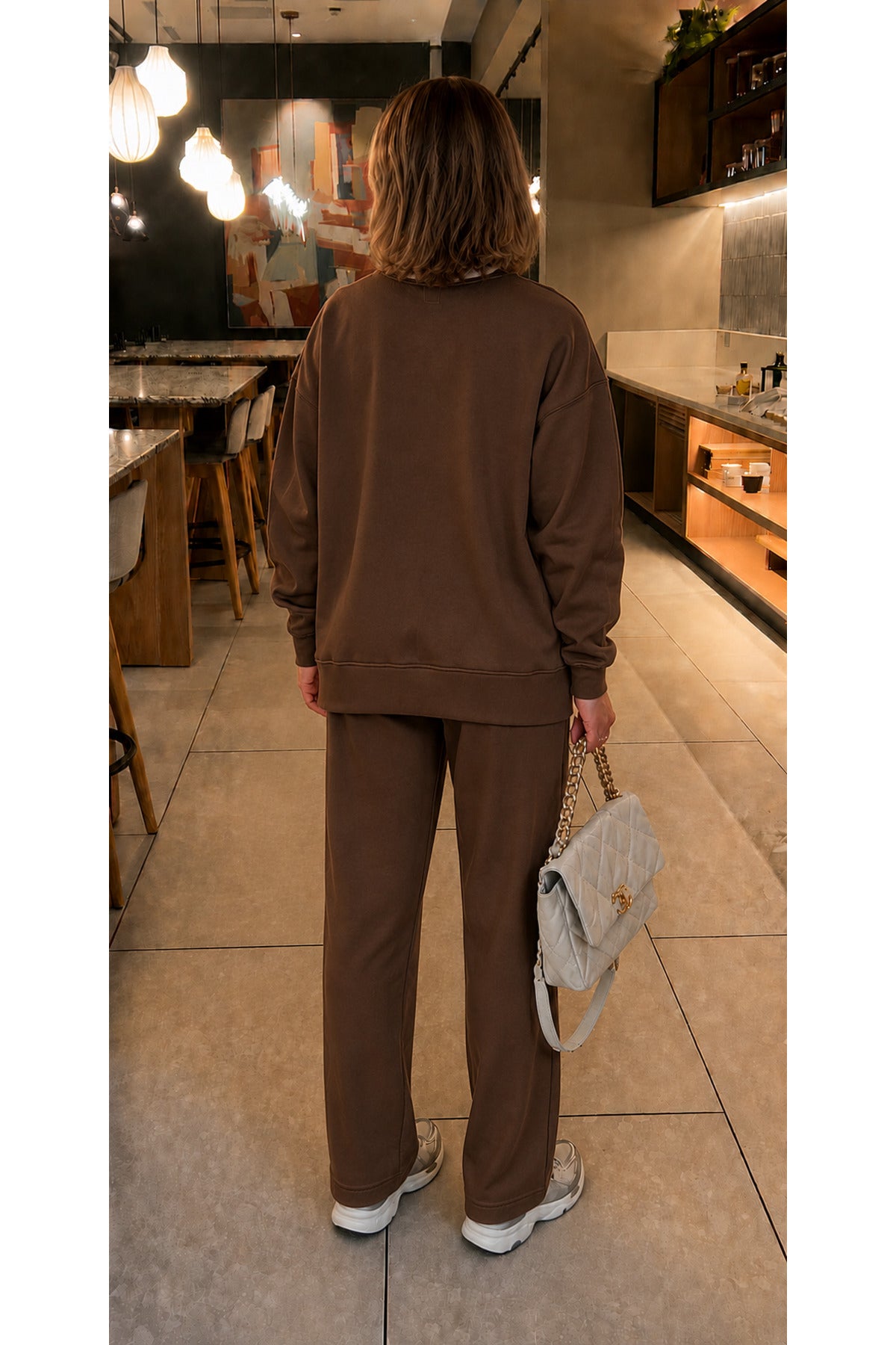 Kadin 3 İ̇pli̇k Bi̇si̇klet Yaka Sweatshirt Eşofman Takimi - Kahverengi - 4