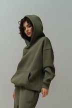 Kadın 3 İ̇plik İ̇çi Pamuklu Kanguru Cep Regular İ̇çi Pamuklu Oversize Sweatshirt - Haki - 2
