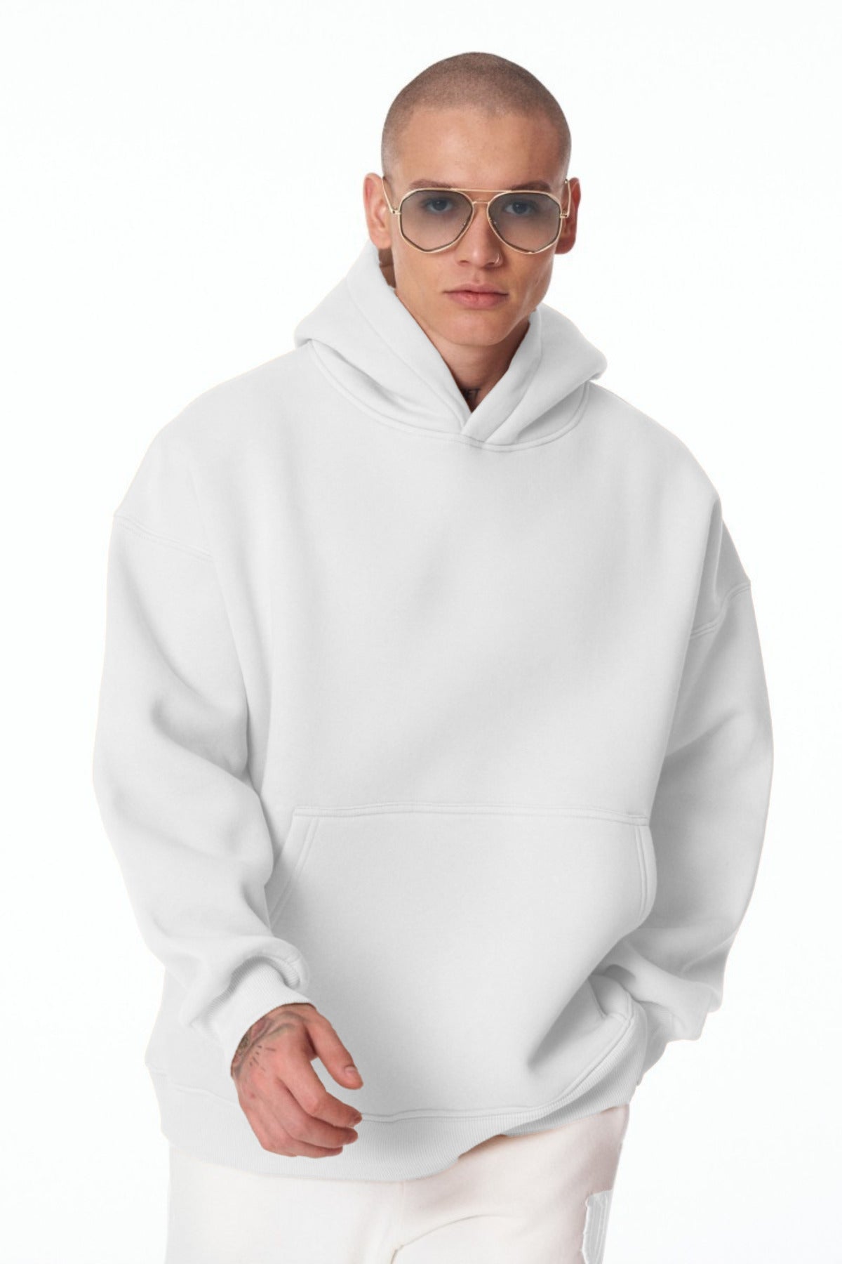 Erkek Bol Kesim Oversize 3 İ̇plik İ̇çi Pamuklu Şardonlu Kanguru Cep Kapşonlu Kışlık Hoodie Sweatshirt - Beyaz - 3