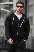 Si̇yah Fermuarlı Kapüşonlu Erkek Sweatshirt - Siyah - 1