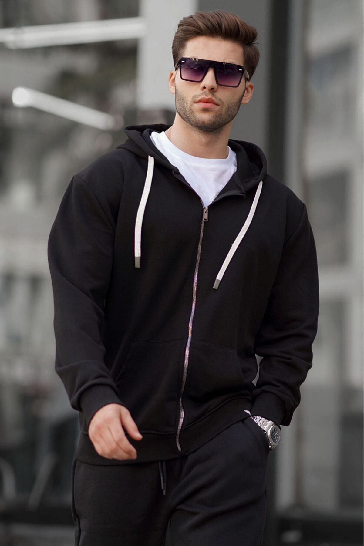Si̇yah Fermuarlı Kapüşonlu Erkek Sweatshirt - Siyah - 1