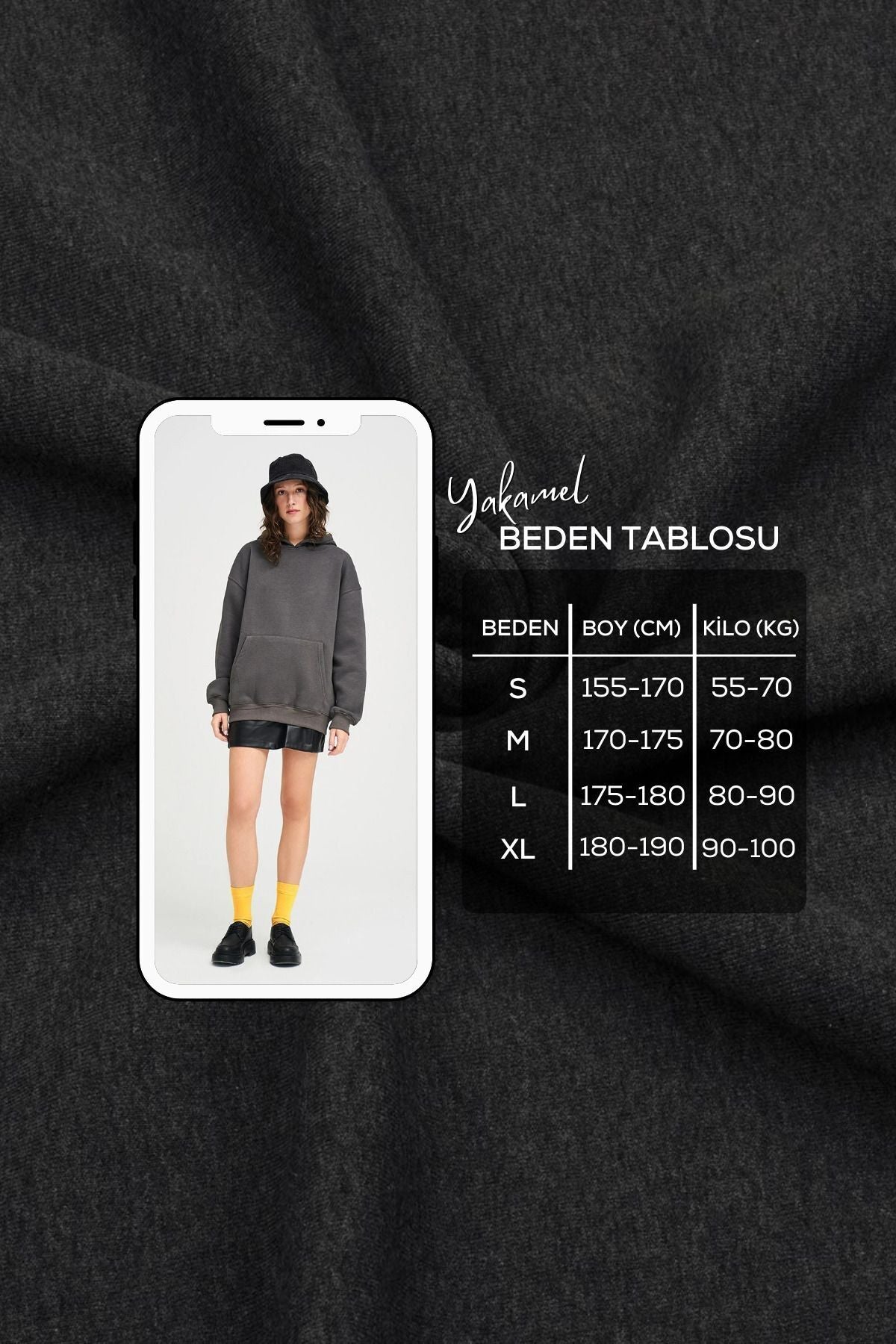 Unisex Kadın Füme Baskısız Kanguru Cepli Kapüşonlu 3 İ̇plik Şardonlu Sweatshirt Oversize Hoodie - Füme - 7