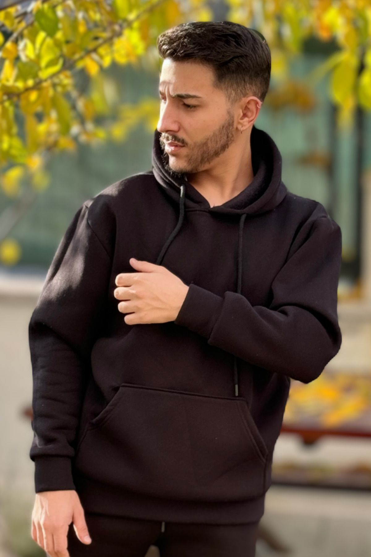 Erkek Kapşonlu Kanguru Cepli̇ 3 İ̇pli̇k Oversi̇ze Sweatshi̇rt - Siyah - 1