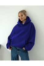 Oversize Kapşonlu Basic Baskısız Okul Sweatshirt - Saks - 1