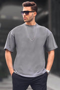 Erkek Oversize Basic Pamuklu Kısa Kollu T-shirt - Gri - 1