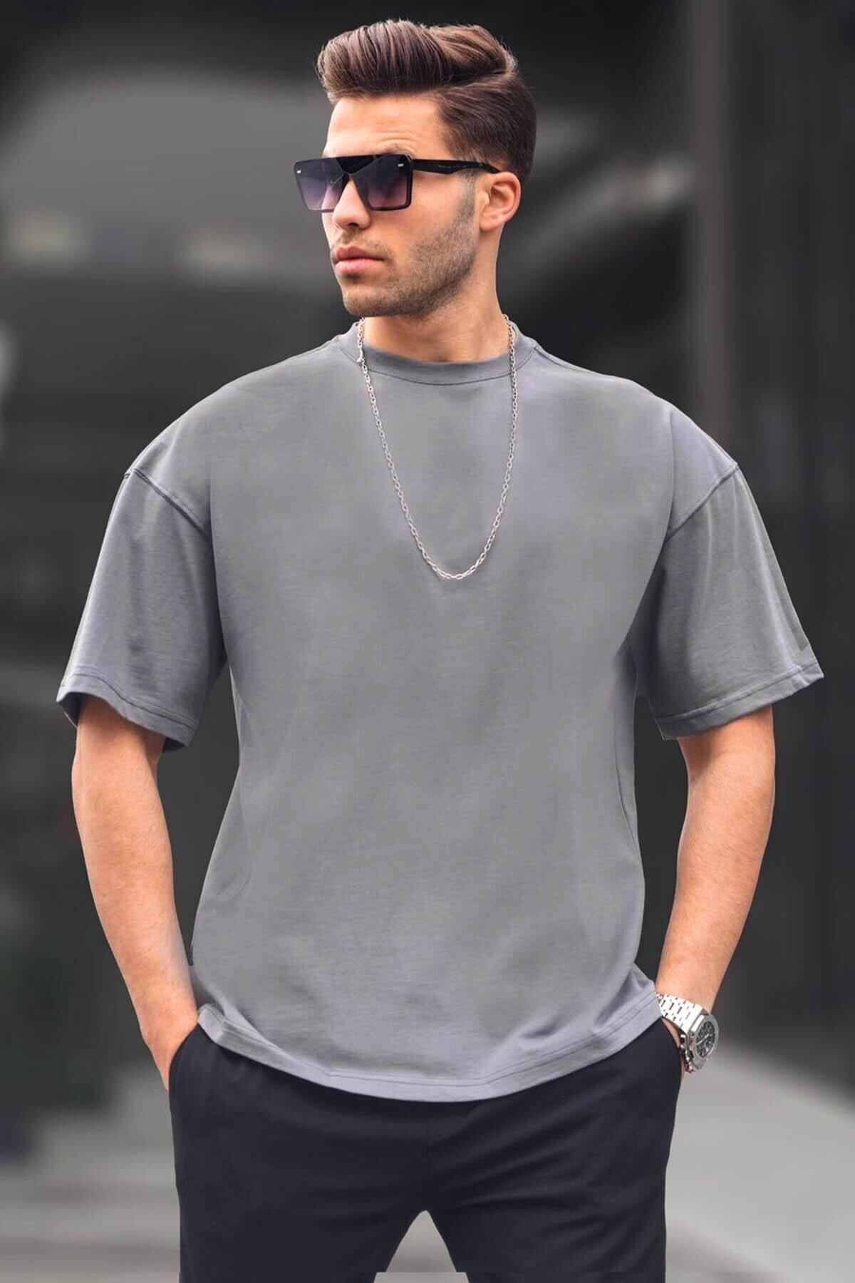 Erkek Oversize Basic Pamuklu Kısa Kollu T-shirt - Gri - 1